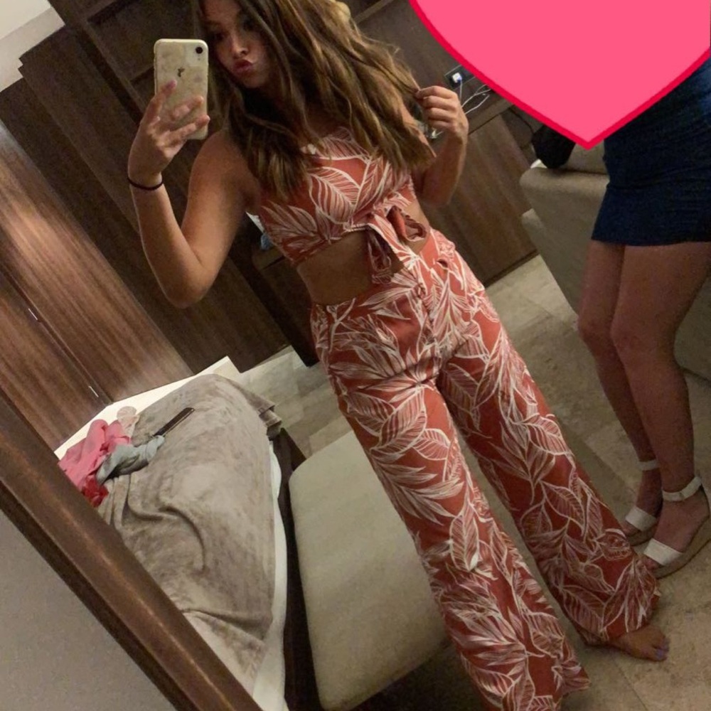 Women's Leaf Print Jumpsuit - Rust and White